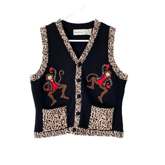 Vintage Bell Pointe 90s MonkeyEmbroidered Sweater Black Vest Tan size small - Picture 1 of 8
